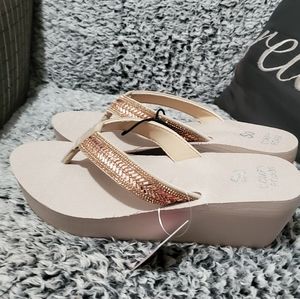 SO Rose gold wedge flip flops size Large